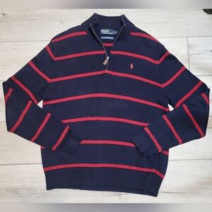 🏇 Polo By Ralph Lauren 100% Cotton Blue/Red Striped Zip Sweater (L)